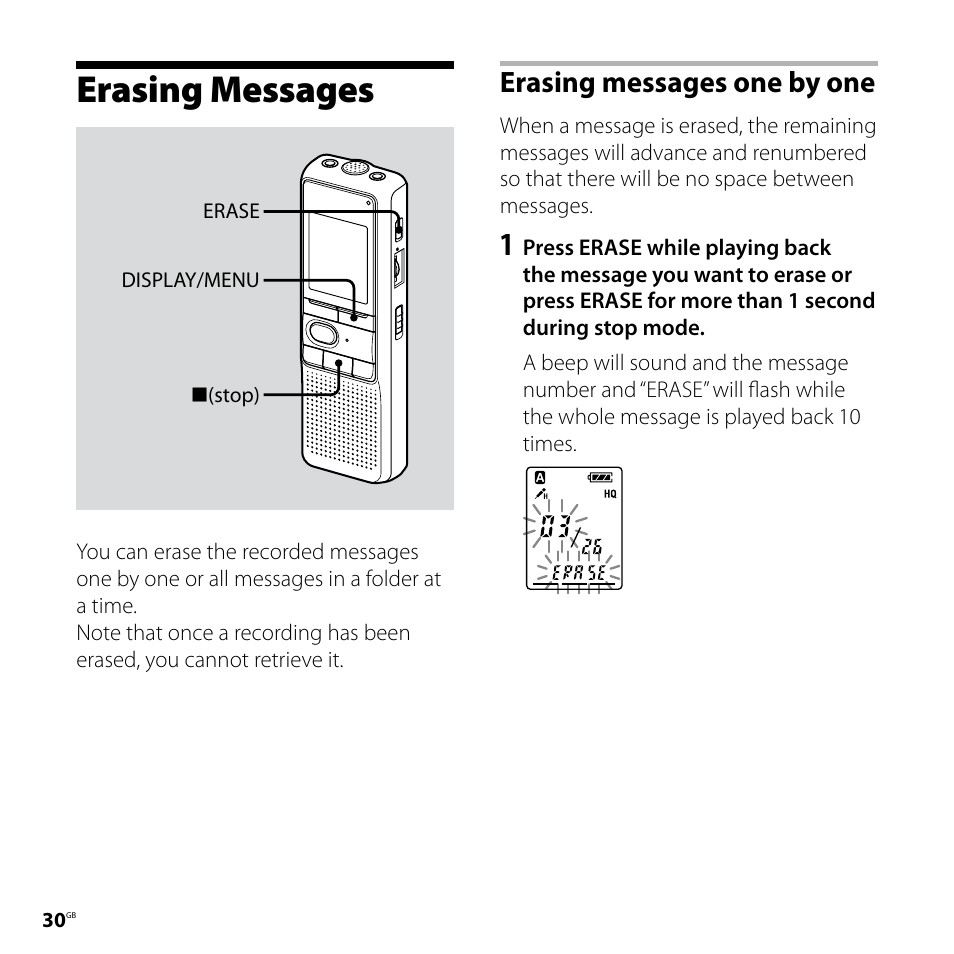Erasing messages, Erasing messages one by one | Sony ICD-P620 User Manual | Page 30 / 56