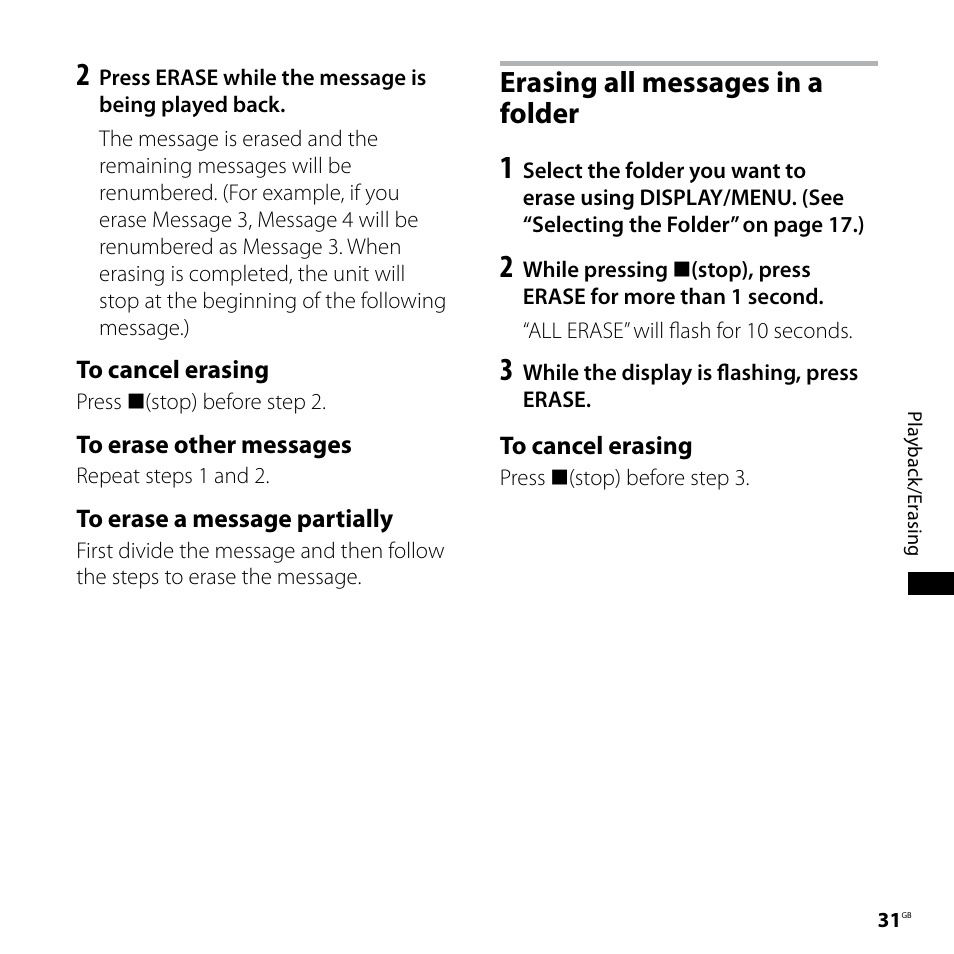 Erasing all messages in a folder | Sony ICD-P620 User Manual | Page 31 / 56