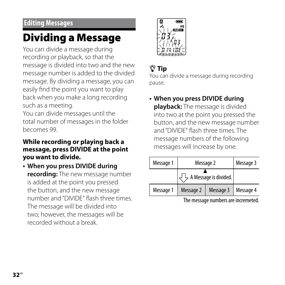 Editing messages, Dividing a message | Sony ICD-P620 User Manual | Page 32 / 56