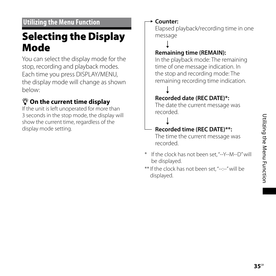 Utilizing the menu function, Selecting the display mode | Sony ICD-P620 User Manual | Page 35 / 56