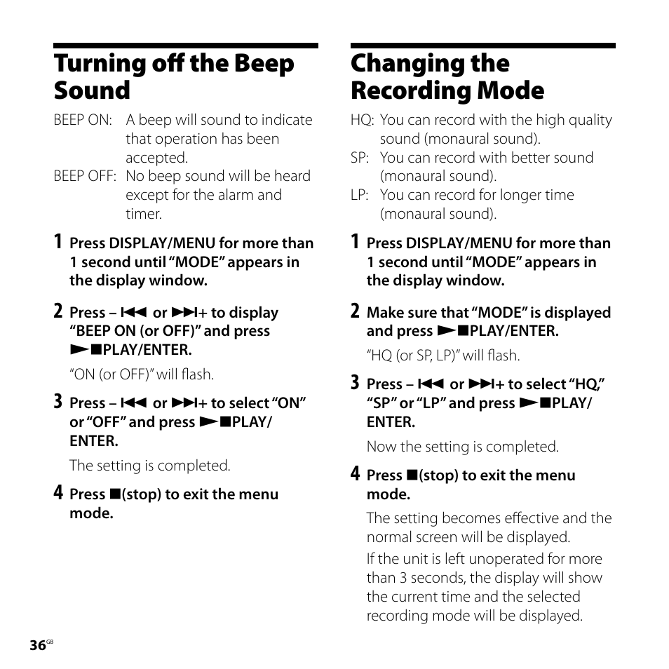 Turning off the beep sound, Changing the recording mode | Sony ICD-P620 User Manual | Page 36 / 56