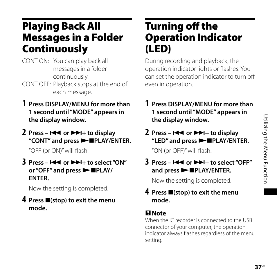 Playing back all messages in a folder continuously, Turning off the operation indicator (led), Playing back all messages in a | Folder continuously turning off the operation, Indicator (led) | Sony ICD-P620 User Manual | Page 37 / 56