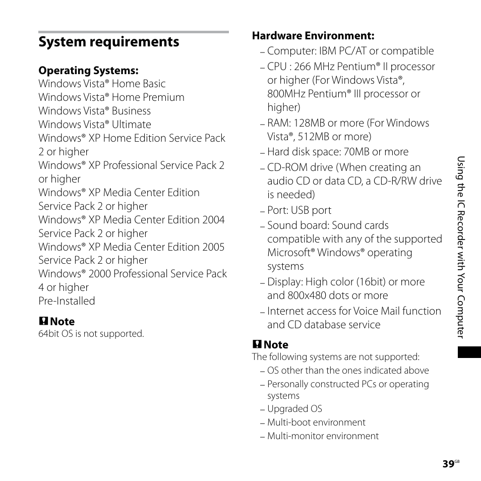 System requirements | Sony ICD-P620 User Manual | Page 39 / 56