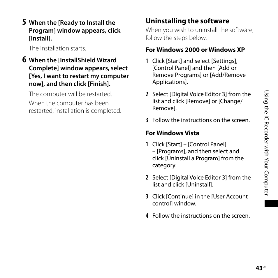 Uninstalling the software | Sony ICD-P620 User Manual | Page 43 / 56
