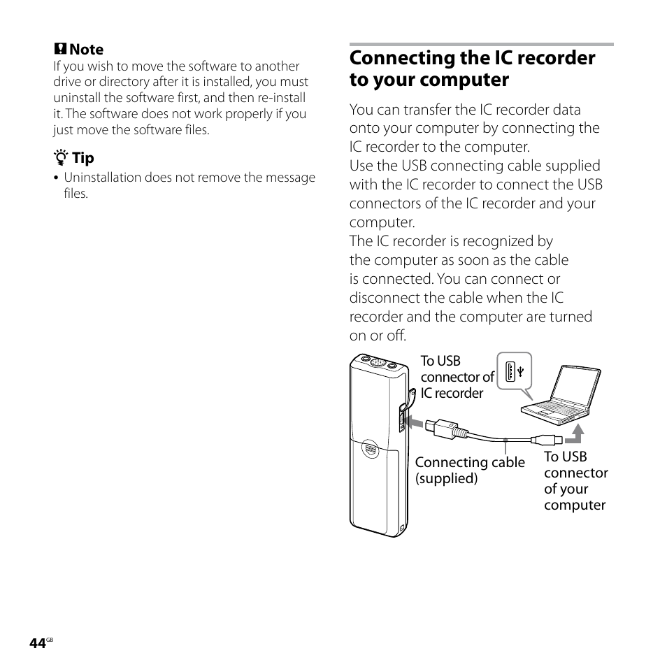 Connecting the ic recorder to your computer, Connecting the ic recorder, To your computer | Sony ICD-P620 User Manual | Page 44 / 56