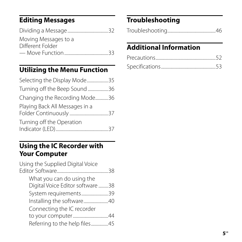 Editing messages, Utilizing the menu function, Using the ic recorder with your computer | Troubleshooting, Additional information | Sony ICD-P620 User Manual | Page 5 / 56