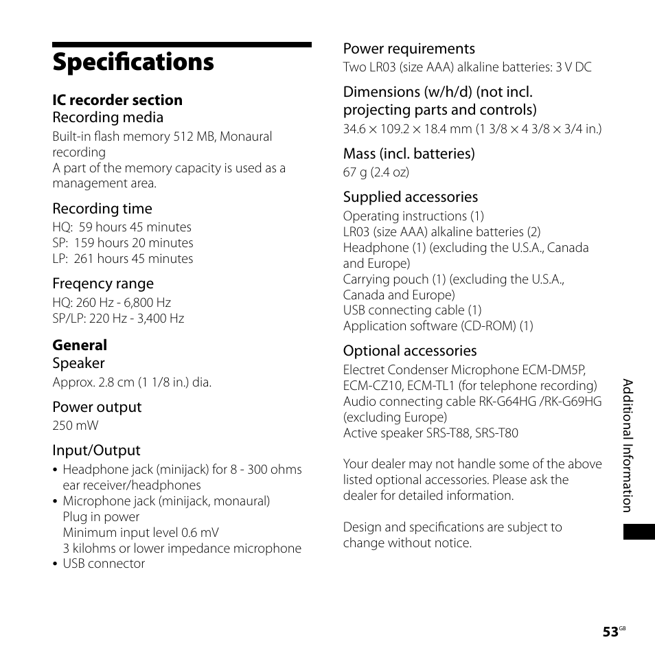 Specifications | Sony ICD-P620 User Manual | Page 53 / 56