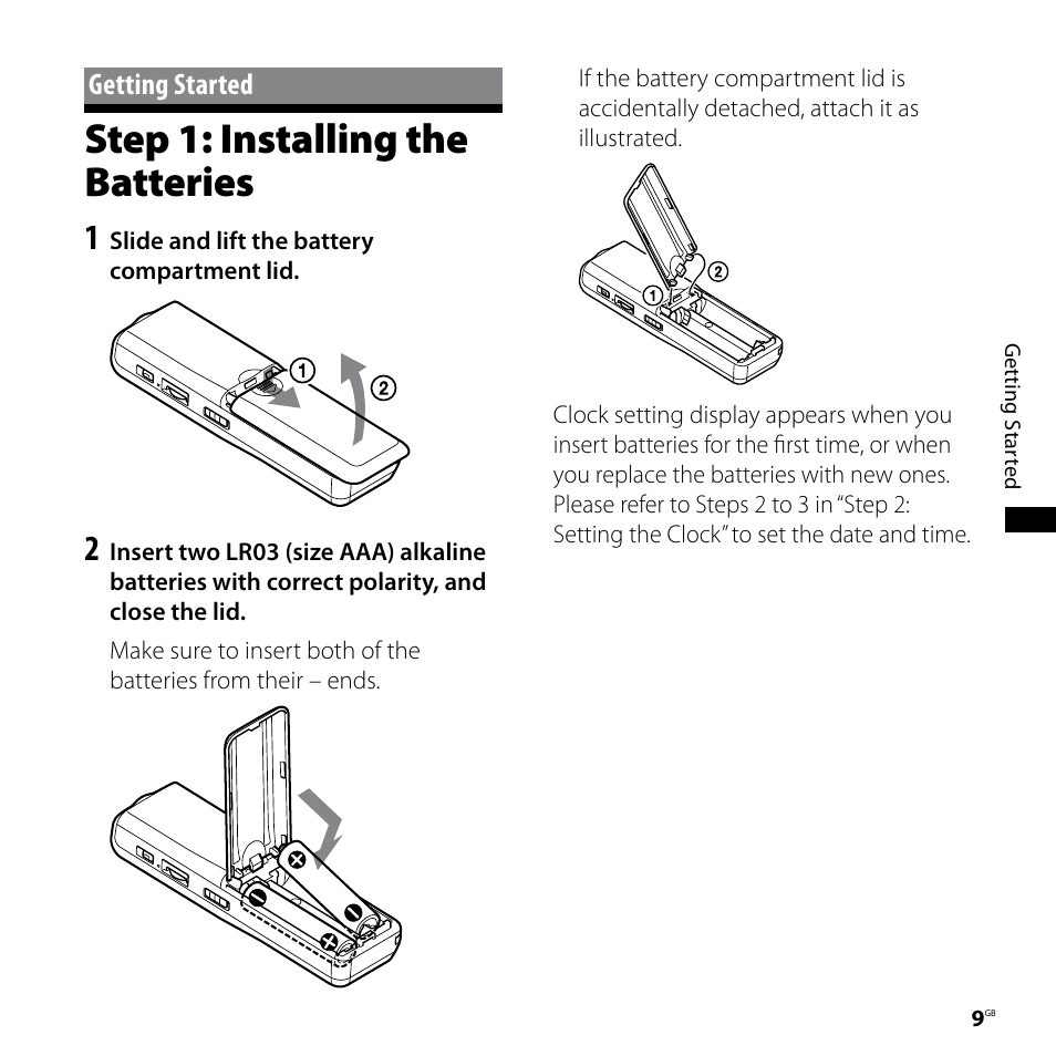 Getting started, Step 1: installing the batteries | Sony ICD-P620 User Manual | Page 9 / 56