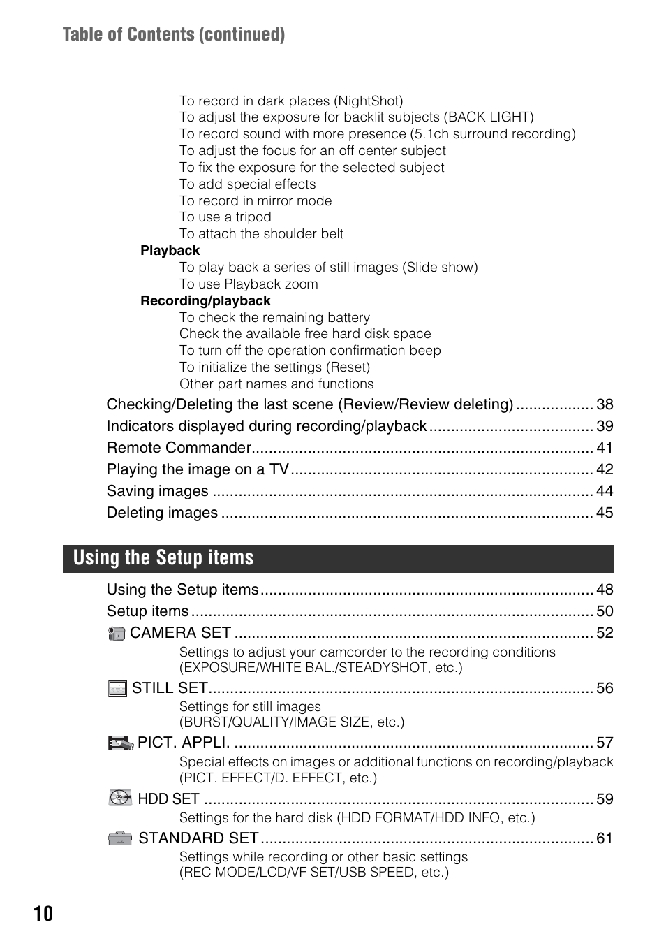 Usin g the setup items, Table of contents (continued) | Sony DCR-SR100 User Manual | Page 10 / 107