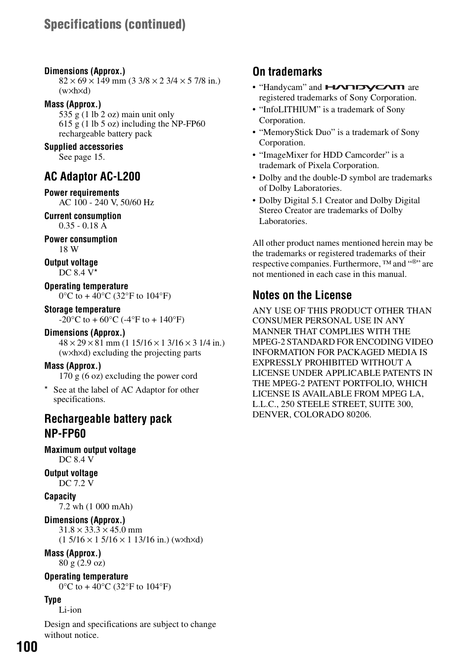 Specifications (continued), Ac adaptor ac-l200, Rechargeable battery pack np-fp60 | On trademarks | Sony DCR-SR100 User Manual | Page 100 / 107