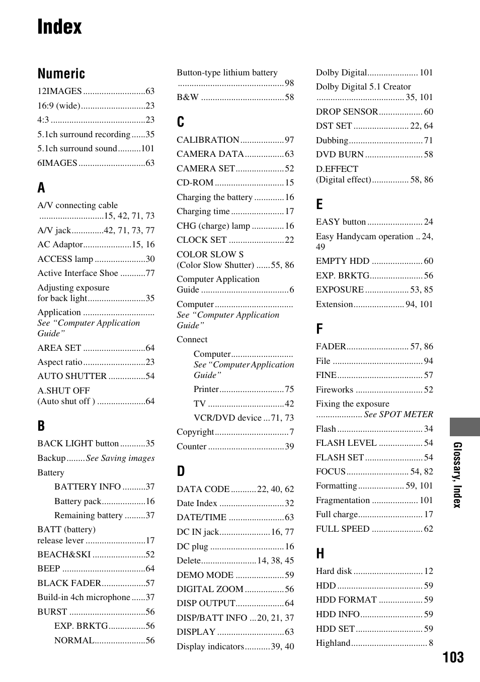 Index, Numeric | Sony DCR-SR100 User Manual | Page 103 / 107