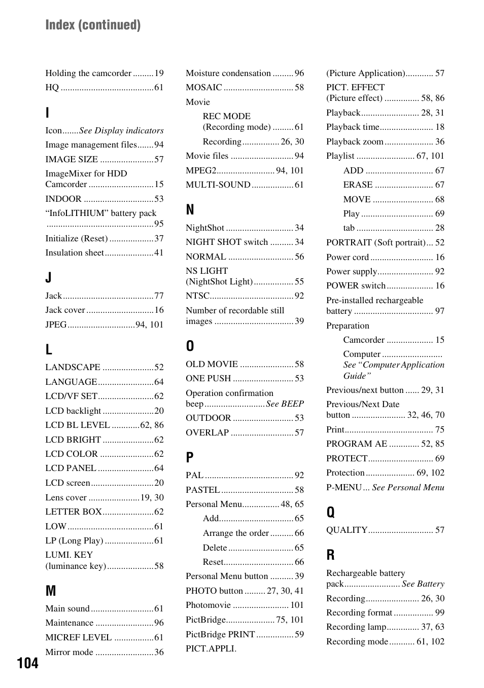 Index (continued) | Sony DCR-SR100 User Manual | Page 104 / 107
