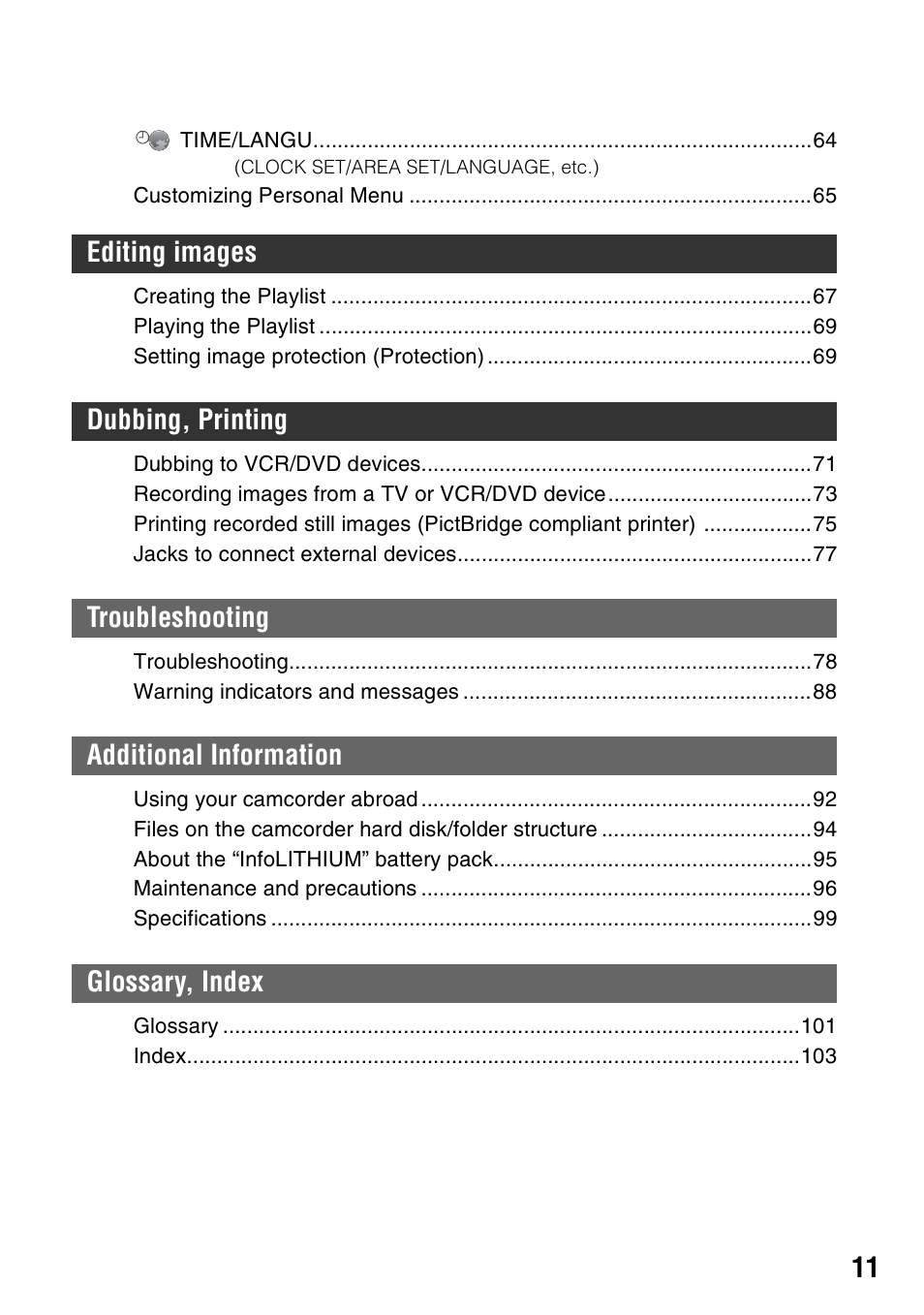 Sony DCR-SR100 User Manual | Page 11 / 107