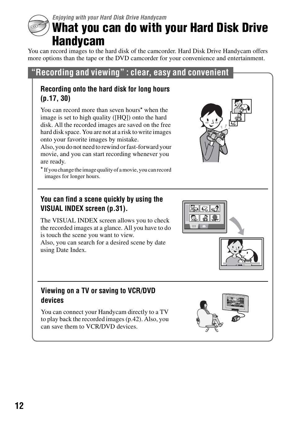 Enjoying with your hard disk drive handycam, What you can do with your hard disk drive handycam | Sony DCR-SR100 User Manual | Page 12 / 107