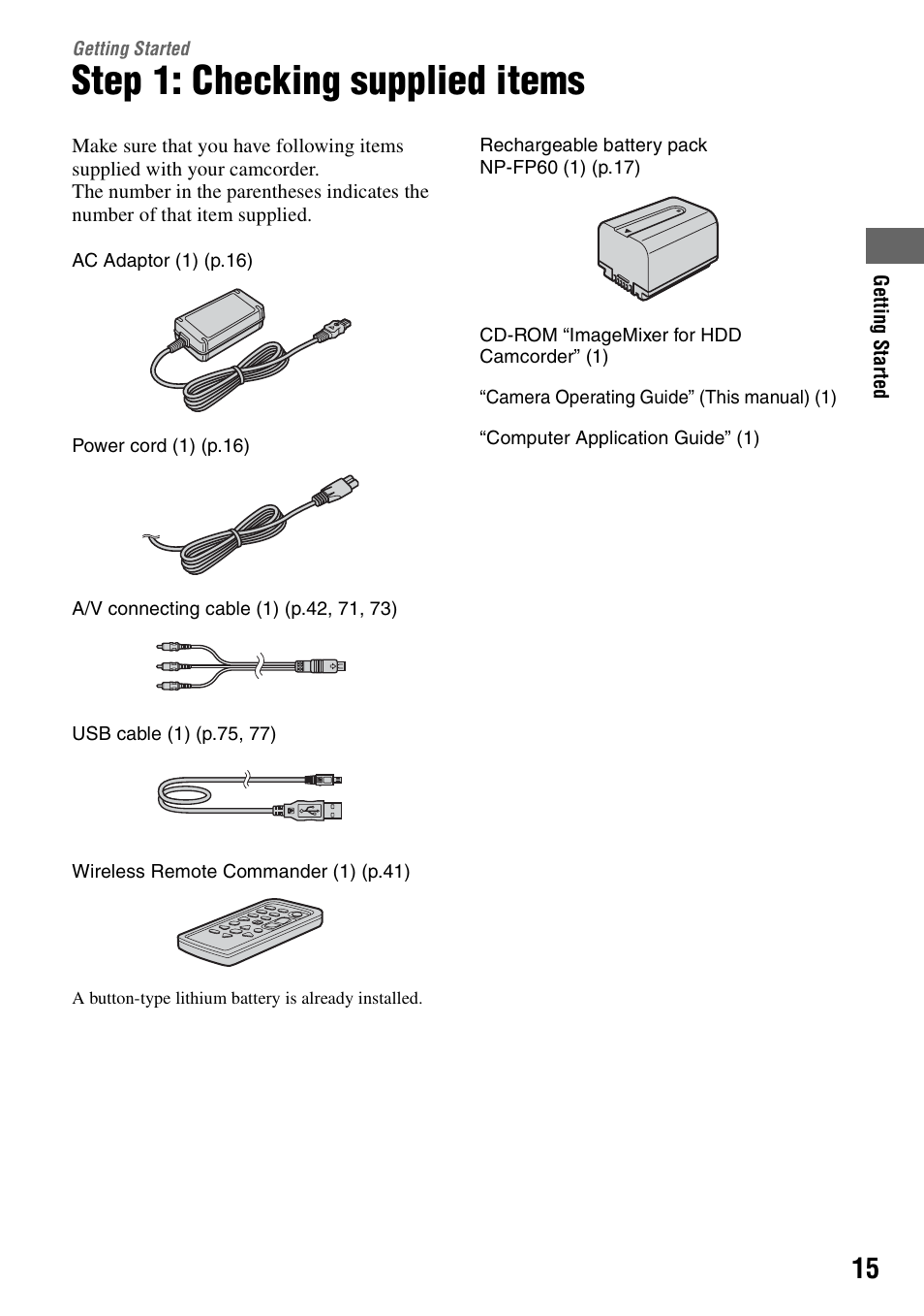 Getting started, Step 1: checking supplied items, P.15 | Sony DCR-SR100 User Manual | Page 15 / 107