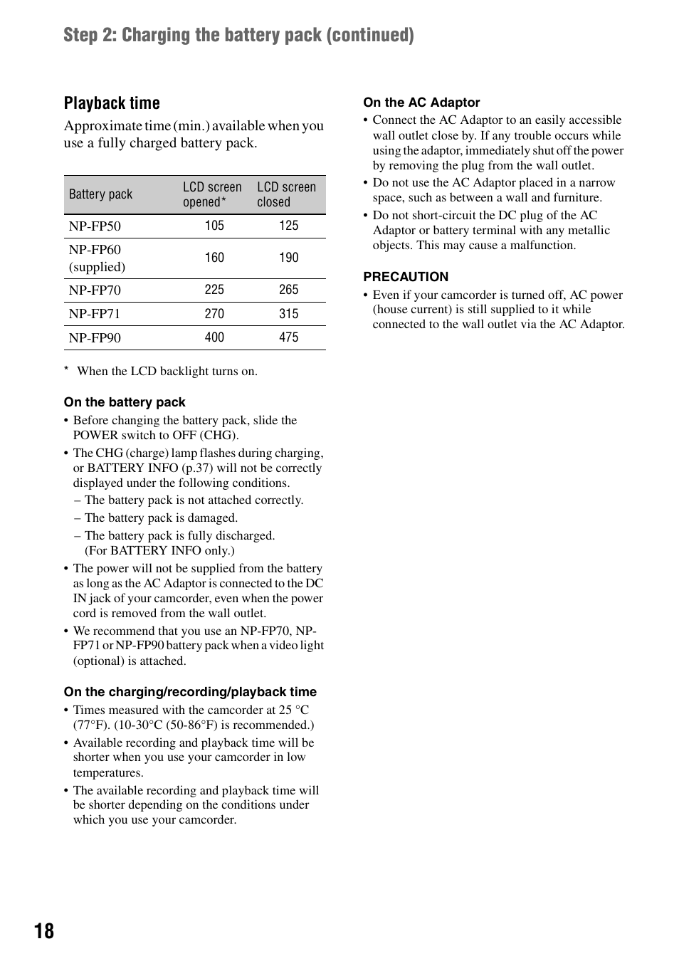 Step 2: charging the battery pack (continued), Playback time | Sony DCR-SR100 User Manual | Page 18 / 107