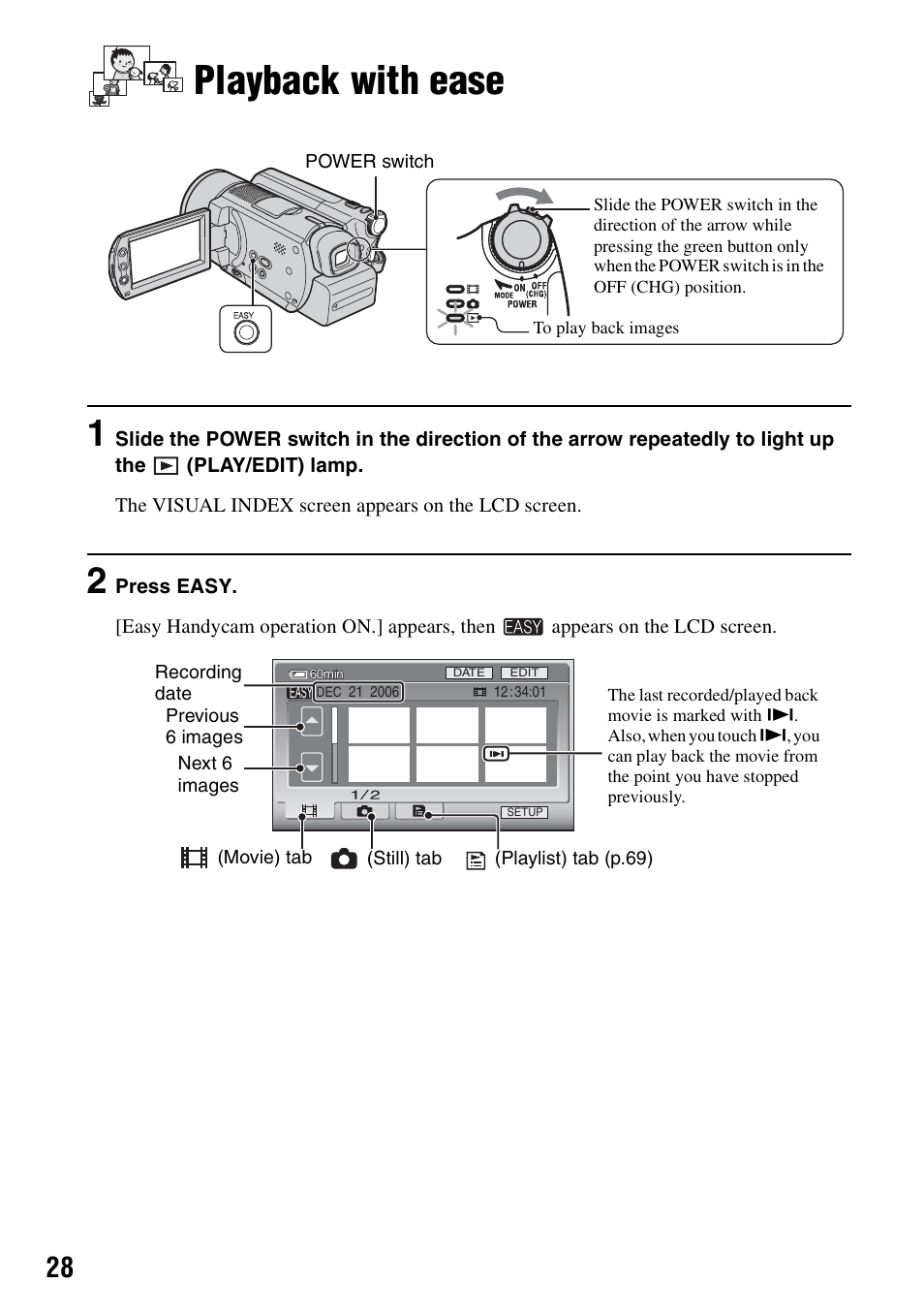 Playback with ease, P.28 | Sony DCR-SR100 User Manual | Page 28 / 107