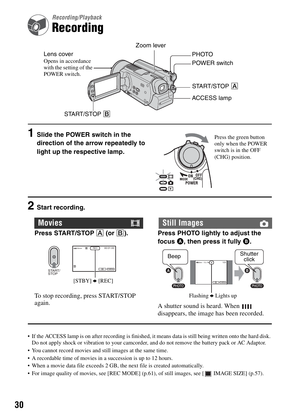 Recording/playback, Recording, P.30) i | P.30), Movies still images | Sony DCR-SR100 User Manual | Page 30 / 107
