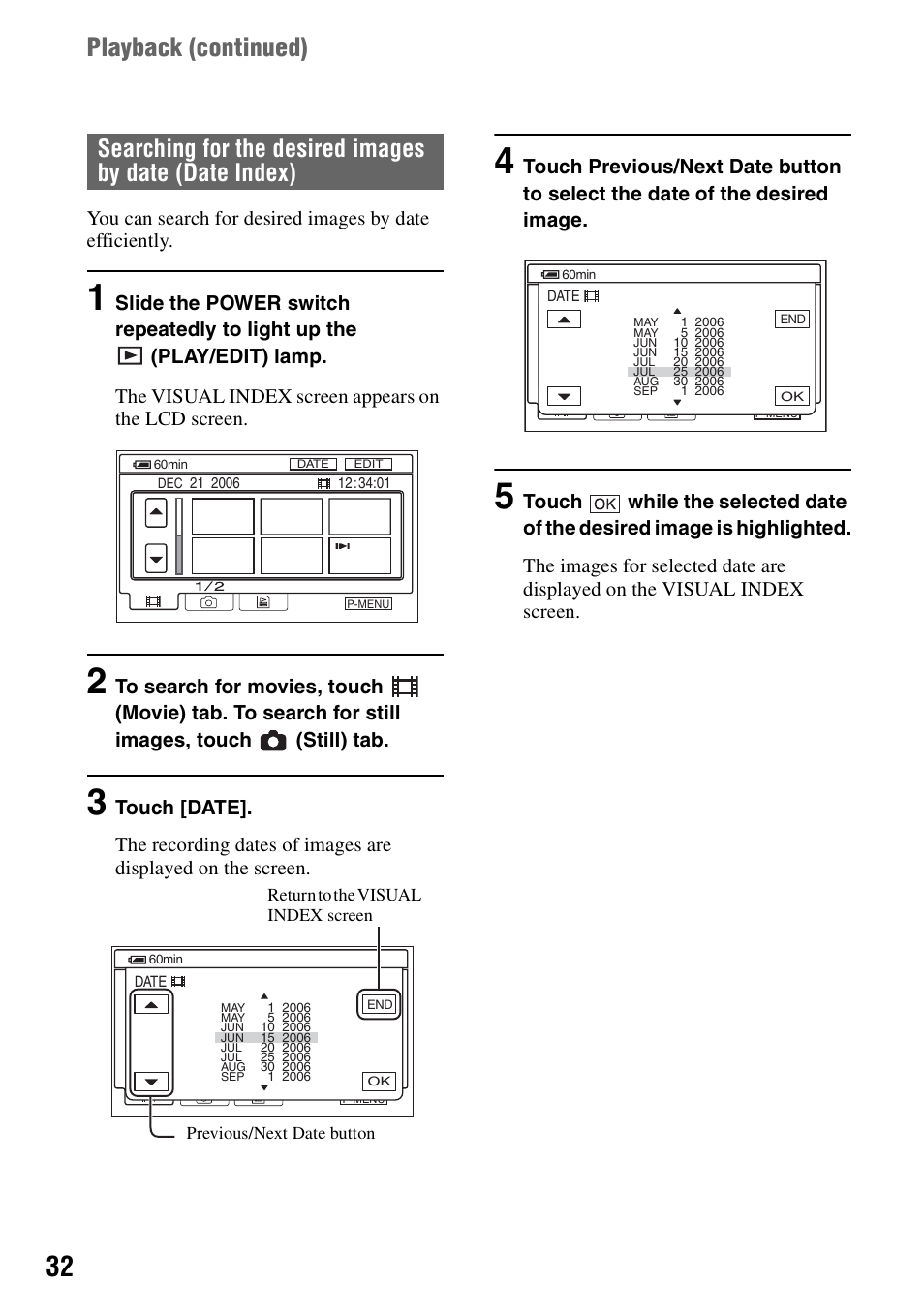 Playback (continued) | Sony DCR-SR100 User Manual | Page 32 / 107