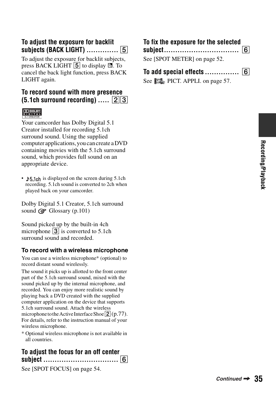 To adjust the focus for an off center subject, To add special effects, D sound) (p.35) | P.35) | Sony DCR-SR100 User Manual | Page 35 / 107