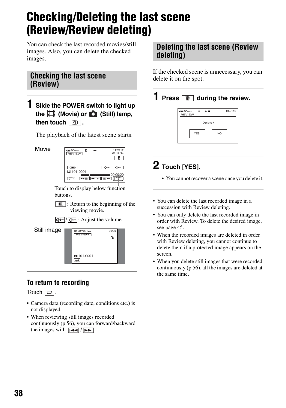 Checking the last scene (review), Deleting the last scene (review deleting) | Sony DCR-SR100 User Manual | Page 38 / 107
