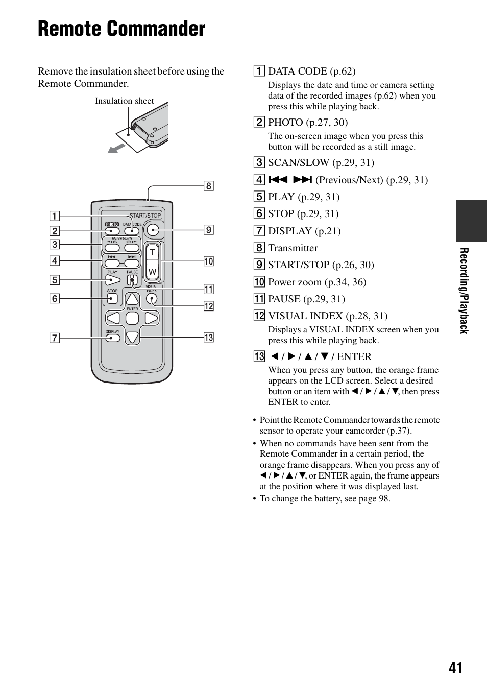 Remote commander, P.41), R (p.41) to | Sony DCR-SR100 User Manual | Page 41 / 107
