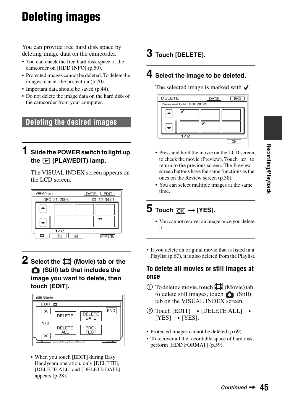 Deleting images, It (p.45), Deleting the desired images | Sony DCR-SR100 User Manual | Page 45 / 107