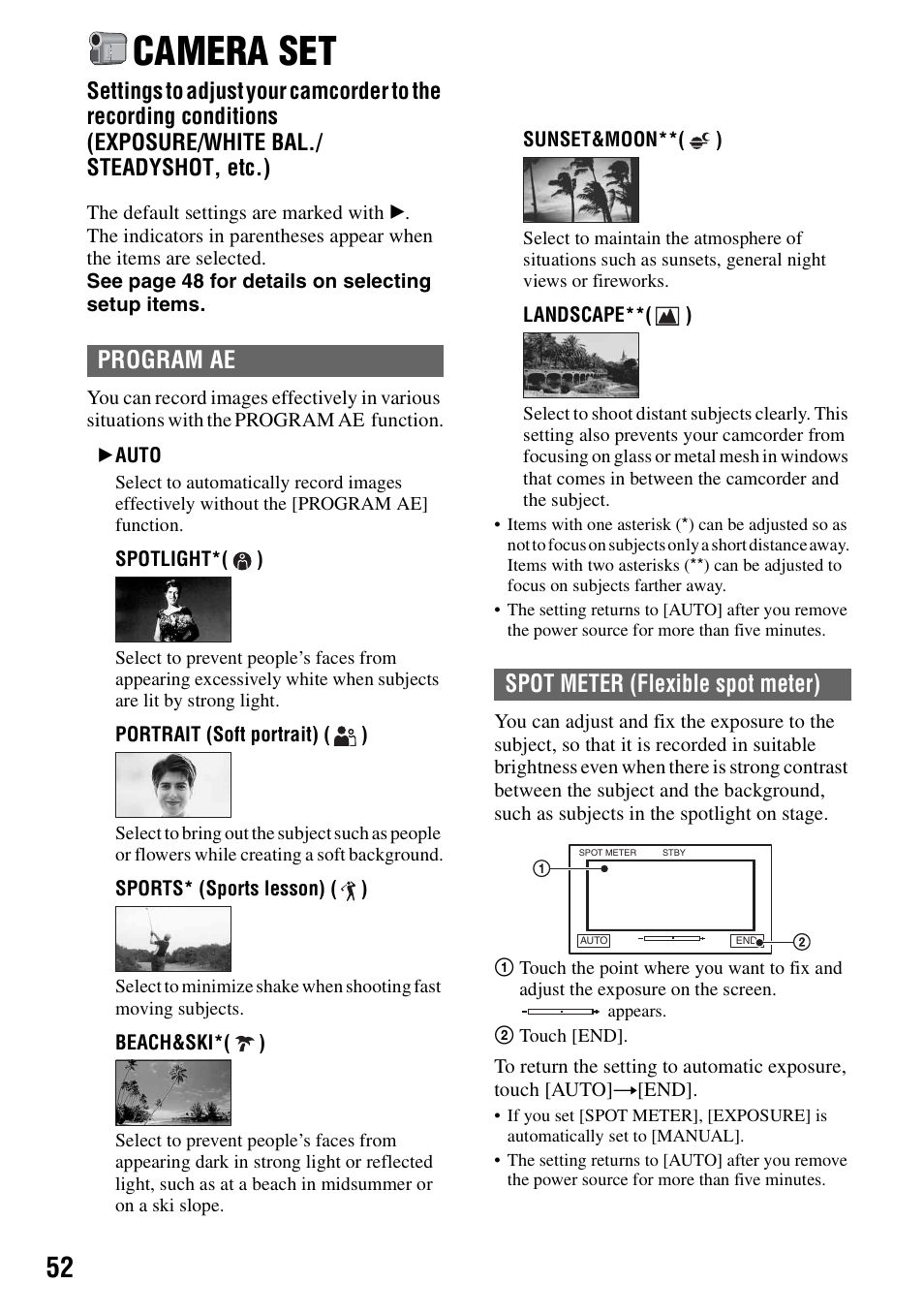 Camera set, Ae (52), P.52) | Program ae, Spot meter (flexible spot meter) | Sony DCR-SR100 User Manual | Page 52 / 107