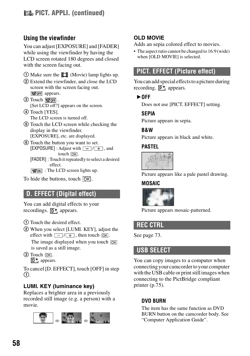 P.58, P.58), Pict. appli. (continued) | Sony DCR-SR100 User Manual | Page 58 / 107