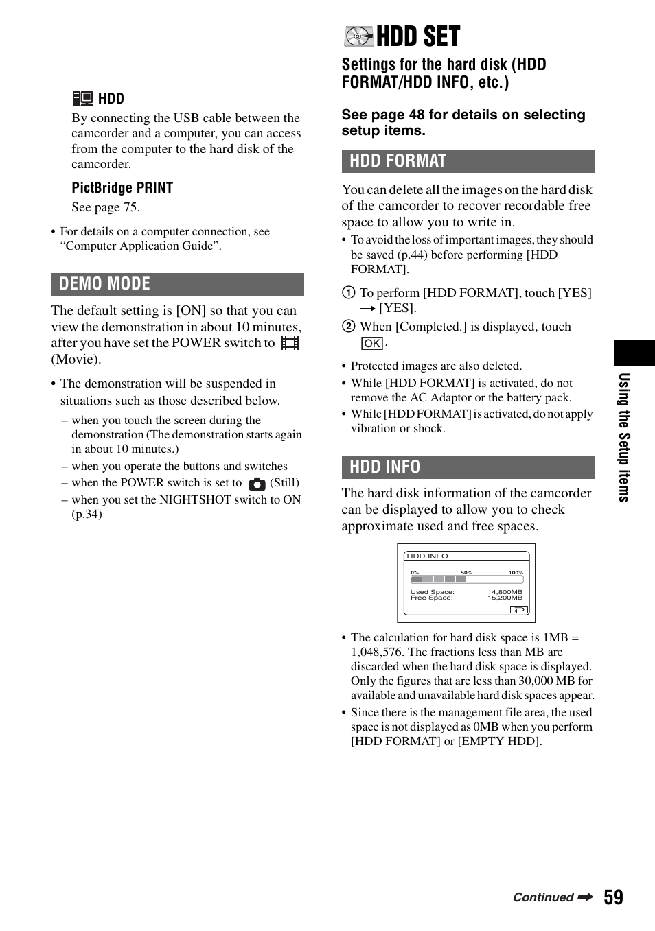 Hdd set, P.59), P.59 | Demo mode, Hdd format hdd info | Sony DCR-SR100 User Manual | Page 59 / 107