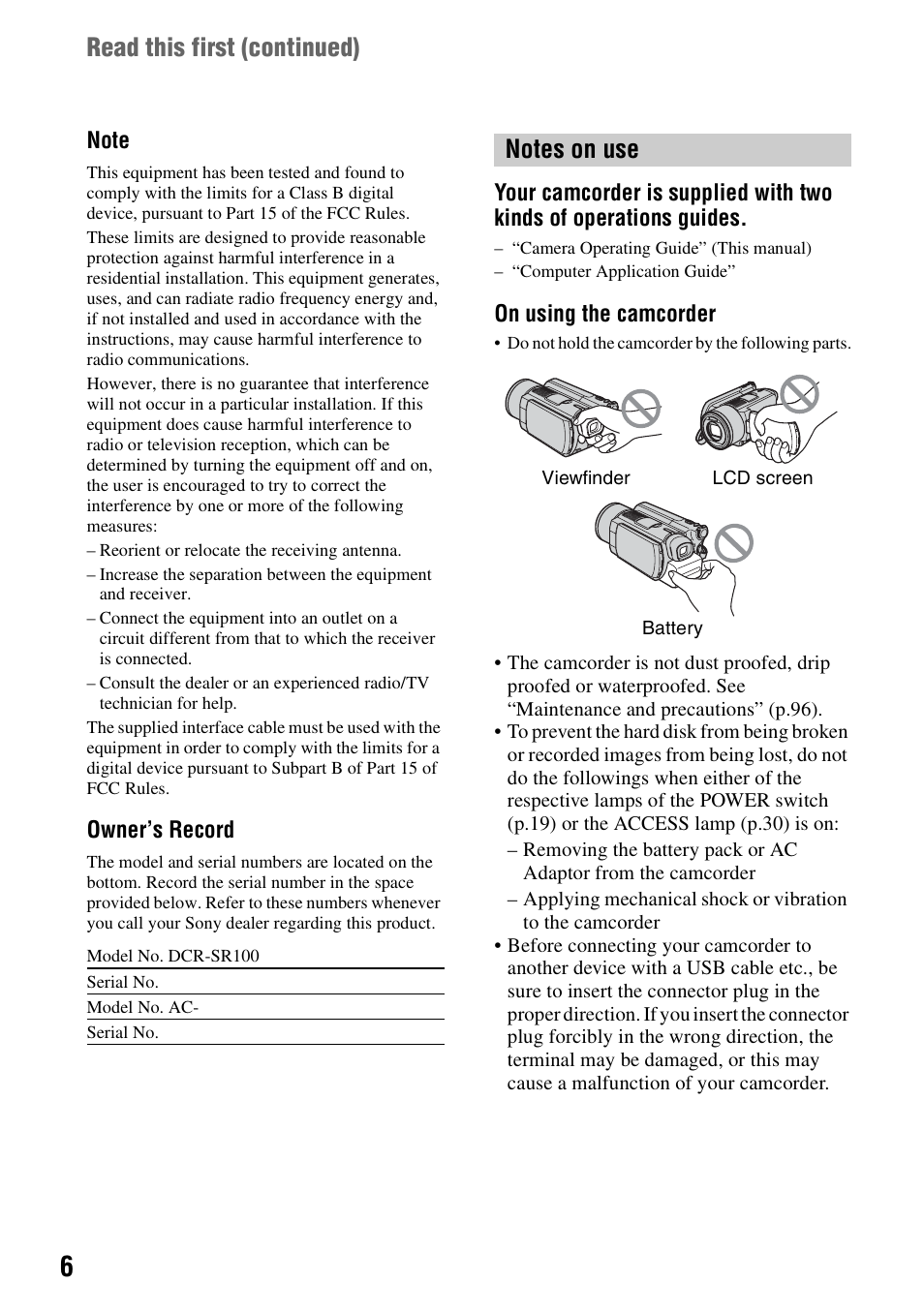 Read this first (continued) | Sony DCR-SR100 User Manual | Page 6 / 107