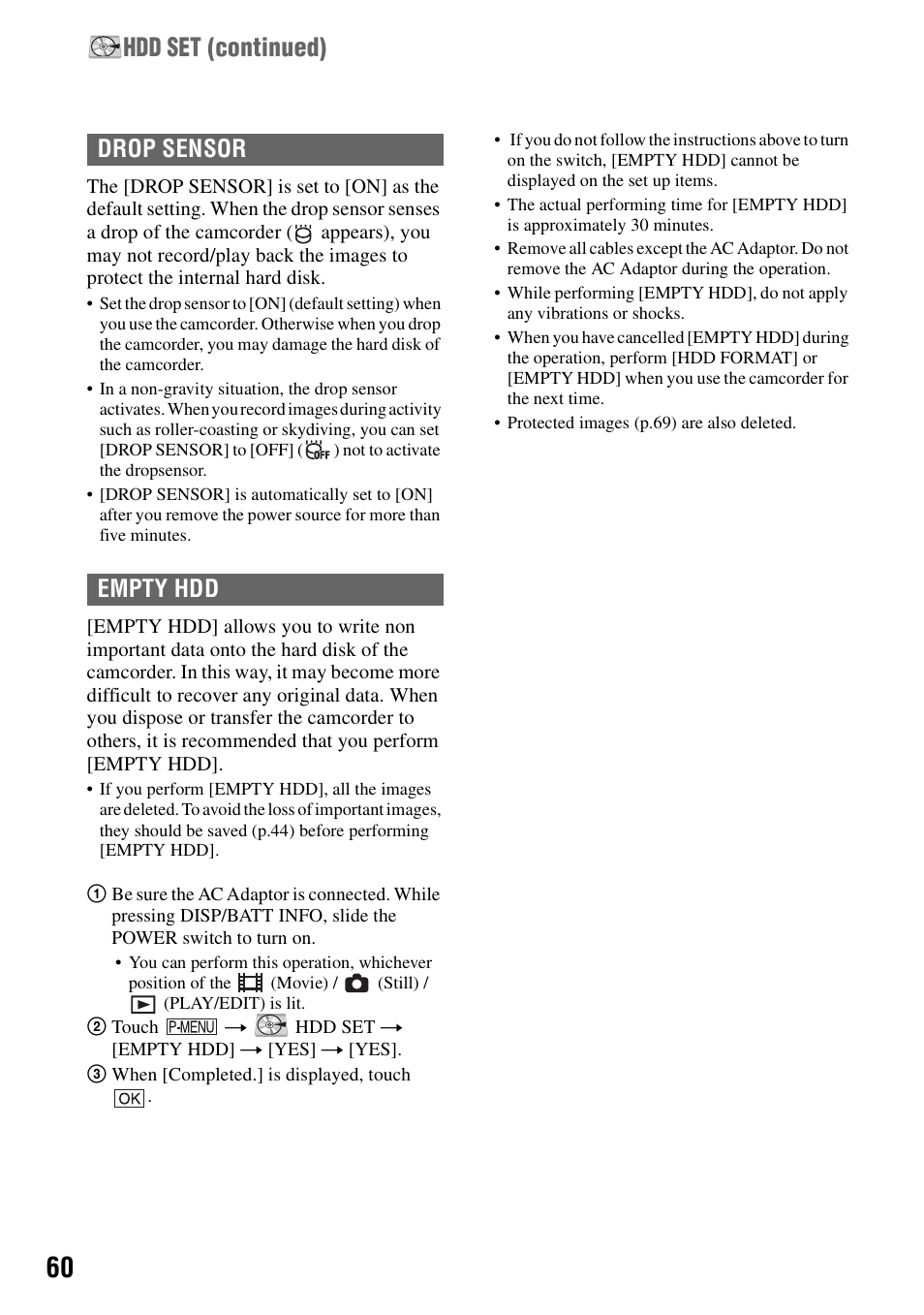 P.60), Hdd set (continued), Drop sensor empty hdd | Sony DCR-SR100 User Manual | Page 60 / 107