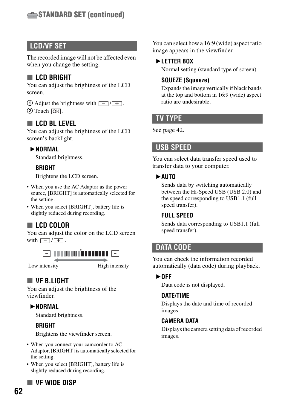 P.62), Ode (p.62, Standard set (continued) | Lcd/vf set, Tv type usb speed data code | Sony DCR-SR100 User Manual | Page 62 / 107
