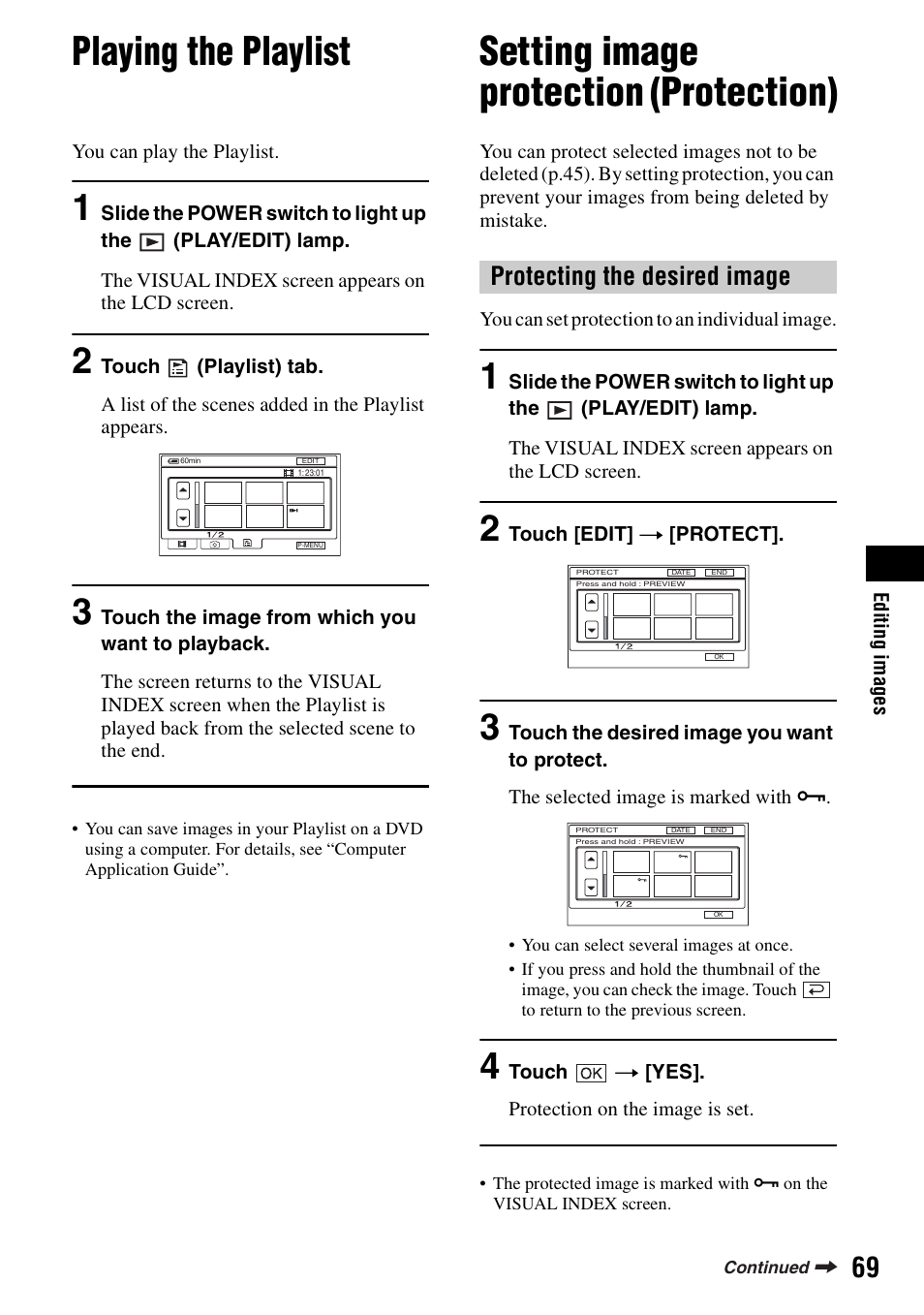 Playing the playlist, Setting image protection (protection), Ab (p.69) | P.69), Protecting the desired image | Sony DCR-SR100 User Manual | Page 69 / 107