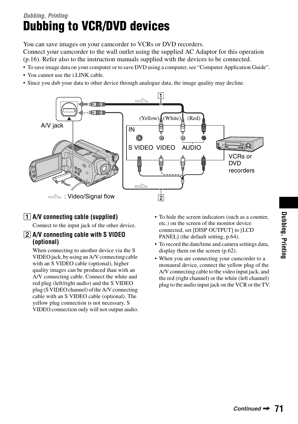 Dubbing, printing, Dubbing to vcr/dvd devices, P.71) | Dubbi | Sony DCR-SR100 User Manual | Page 71 / 107