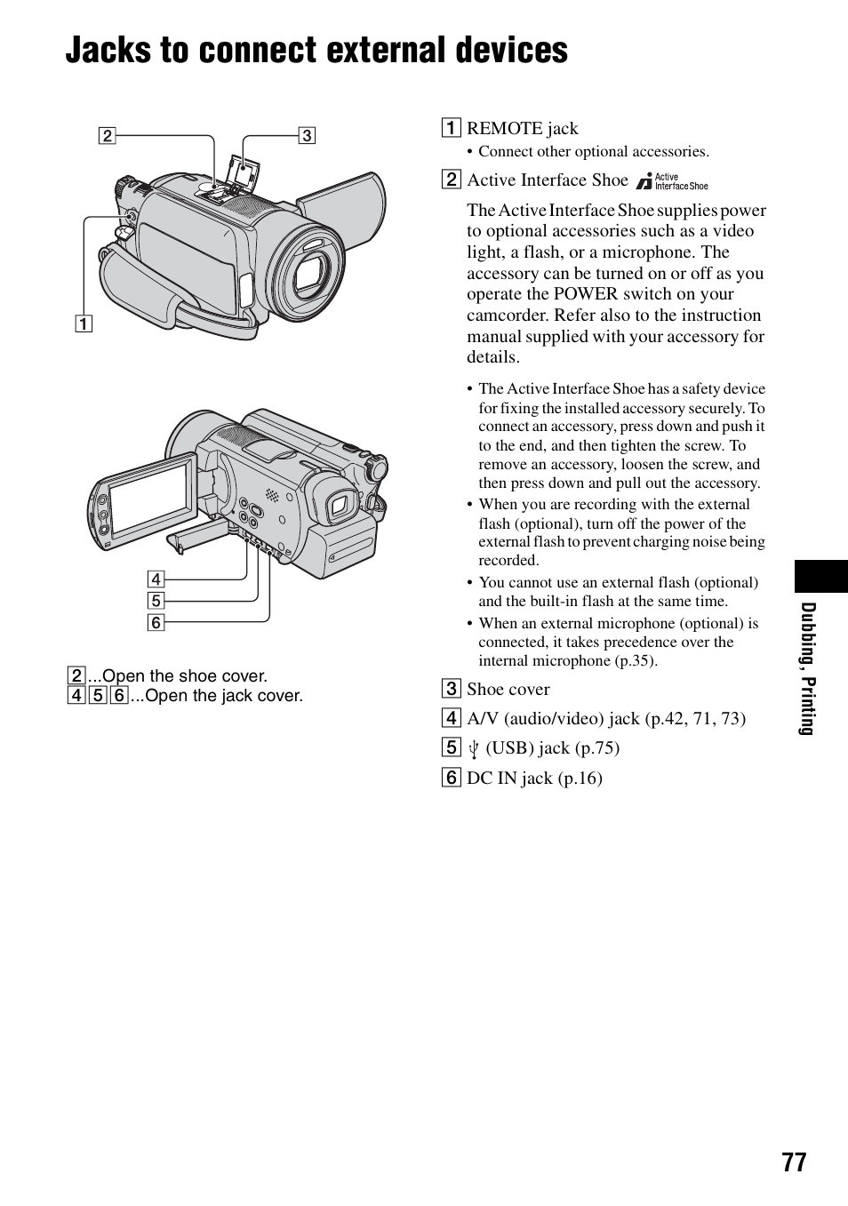 Jacks to connect external devices, P.77) | Sony DCR-SR100 User Manual | Page 77 / 107