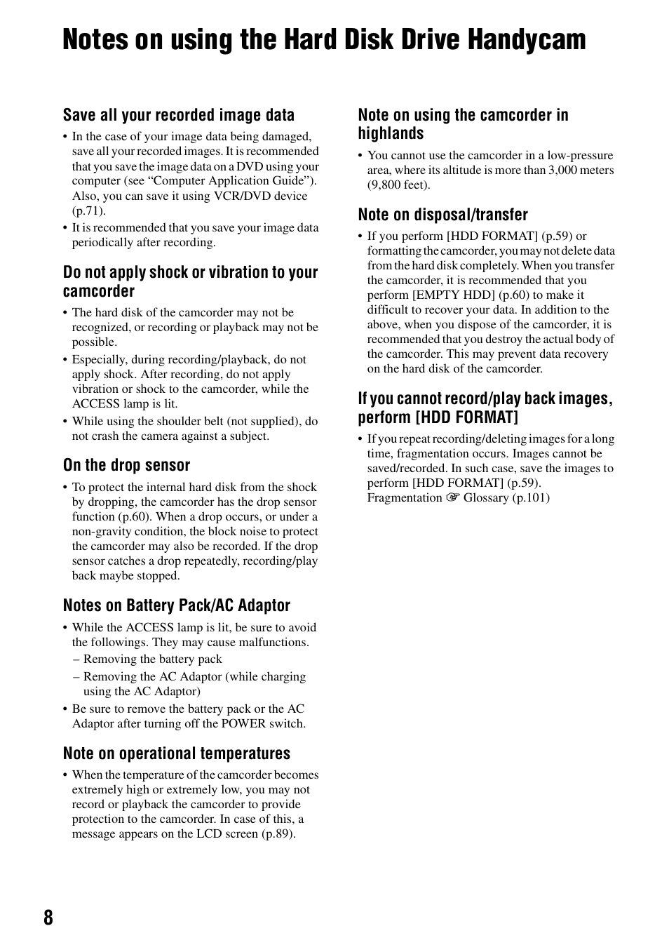 Notes on using the hard disk drive handycam | Sony DCR-SR100 User Manual | Page 8 / 107