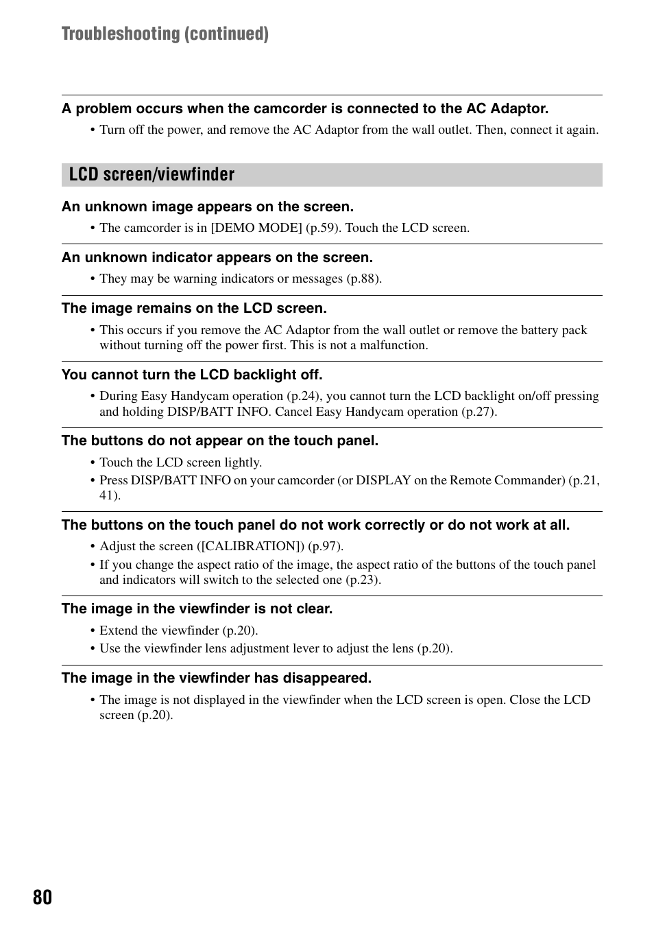 Lcd screen/viewfinder troubleshooting (continued) | Sony DCR-SR100 User Manual | Page 80 / 107