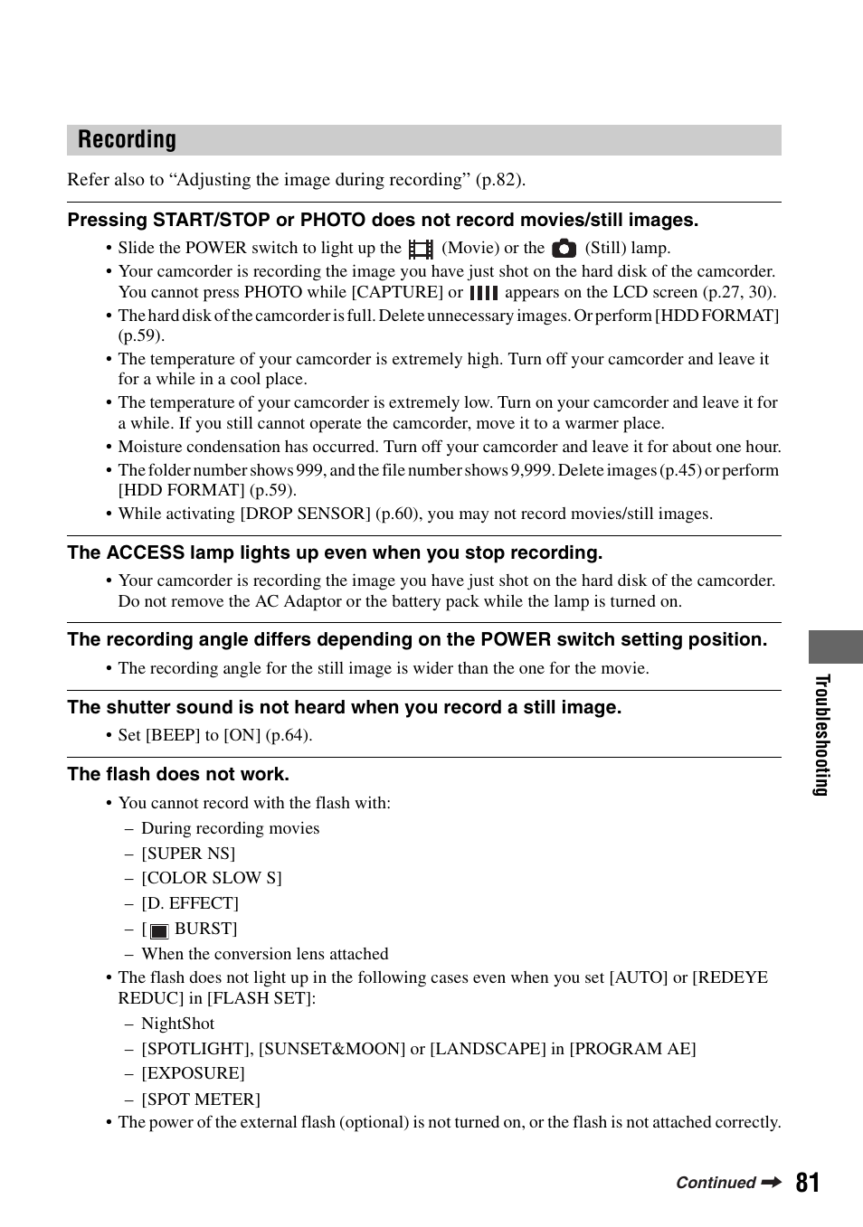 Recording | Sony DCR-SR100 User Manual | Page 81 / 107