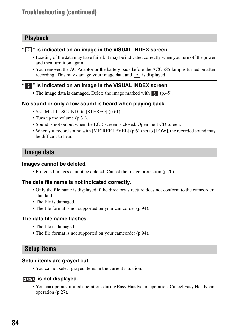Setup items” (p.84) | Sony DCR-SR100 User Manual | Page 84 / 107