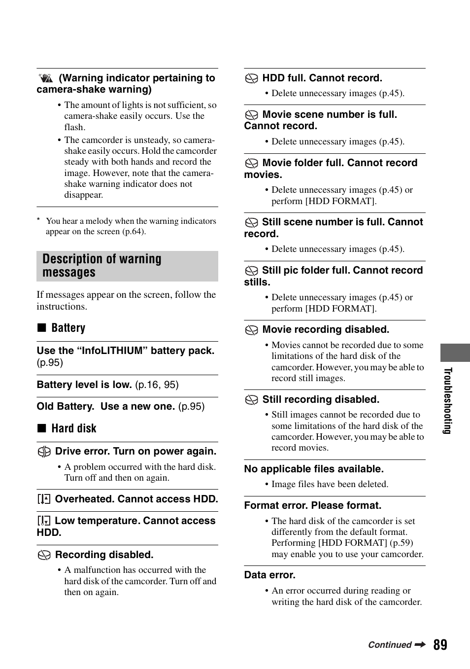 En (p.89), Description of warning messages | Sony DCR-SR100 User Manual | Page 89 / 107
