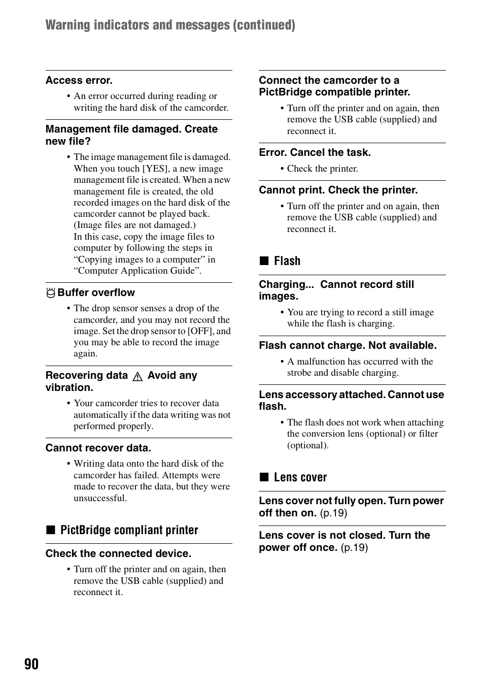 Warning indicators and messages (continued) | Sony DCR-SR100 User Manual | Page 90 / 107