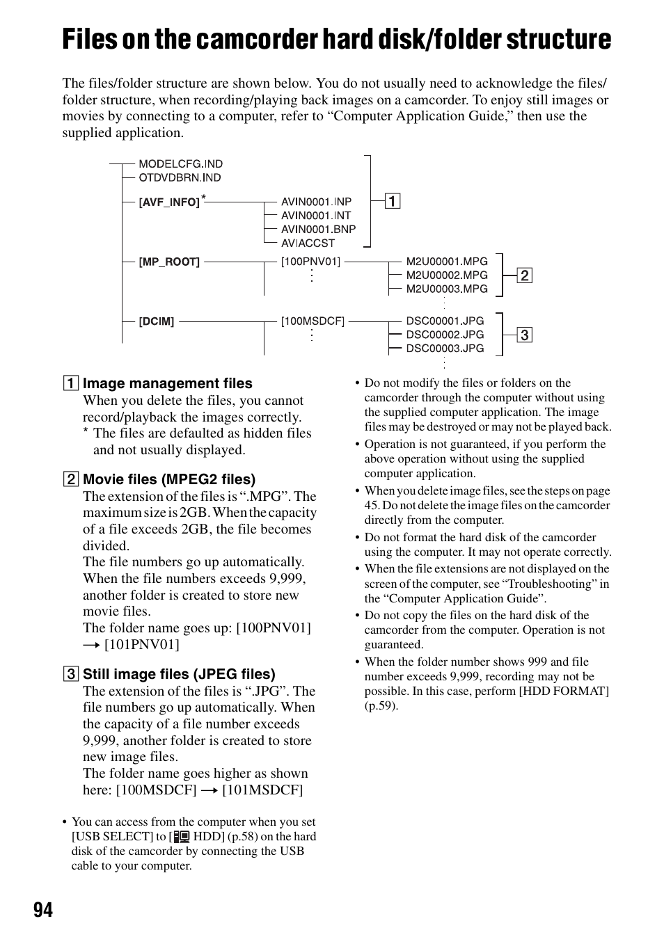 Files on the camcorder hard disk/folder structure, P.94 | Sony DCR-SR100 User Manual | Page 94 / 107