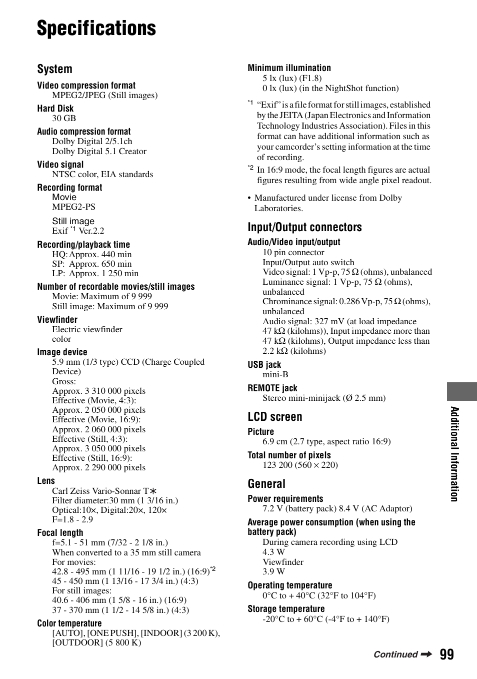 Specifications, System, Input/output connectors | Lcd screen, General | Sony DCR-SR100 User Manual | Page 99 / 107