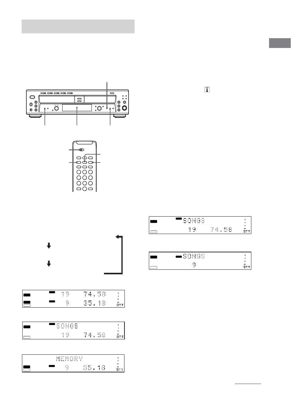 Using the display, Changing the display, Display while the unit is stopped | The information appears as follows, Basic operations, Deck a, Continued, Time, Time display | Sony RCD-W500C User Manual | Page 13 / 40
