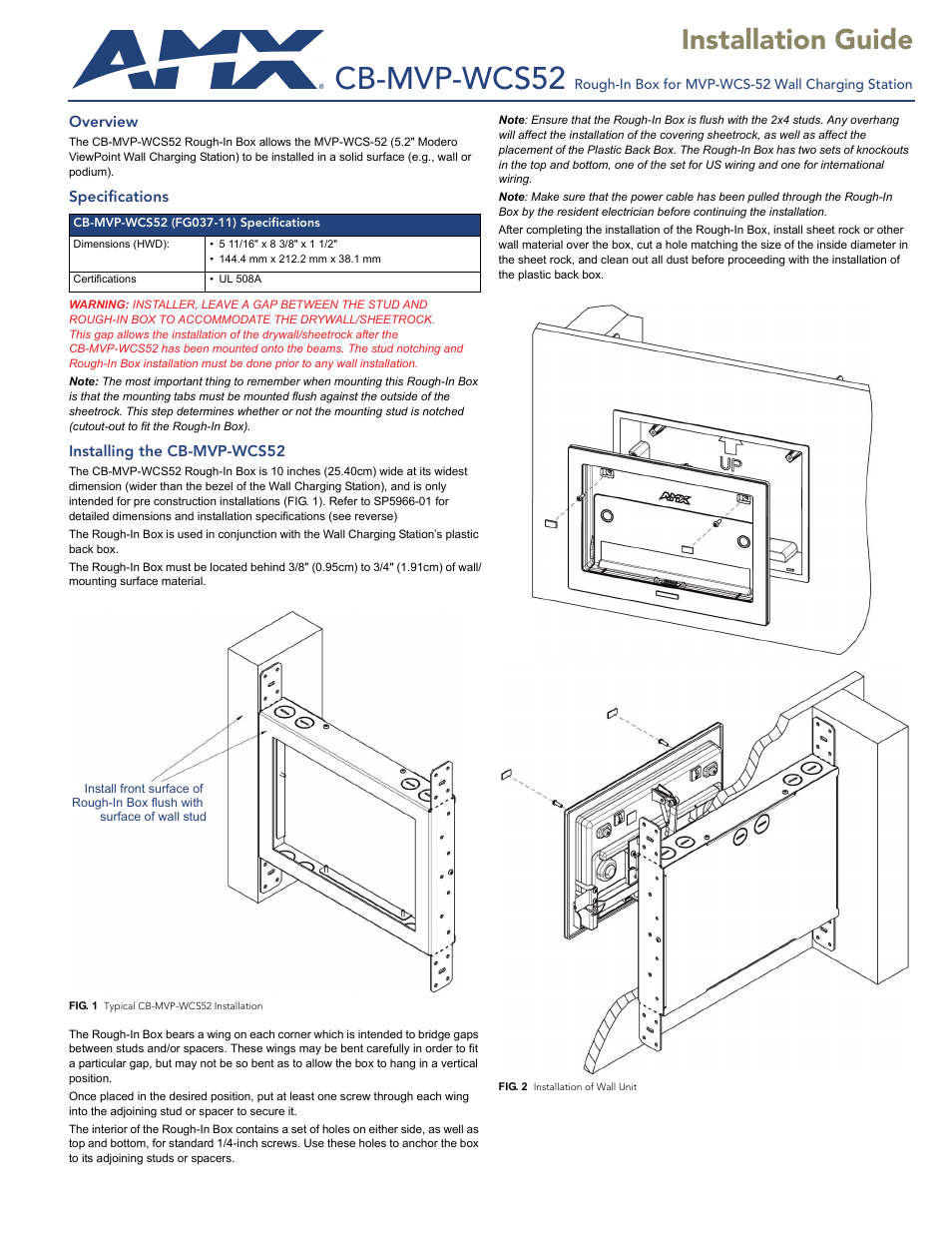 AMX Rough-In Box CB-MVP-WCS52 User Manual | 2 pages