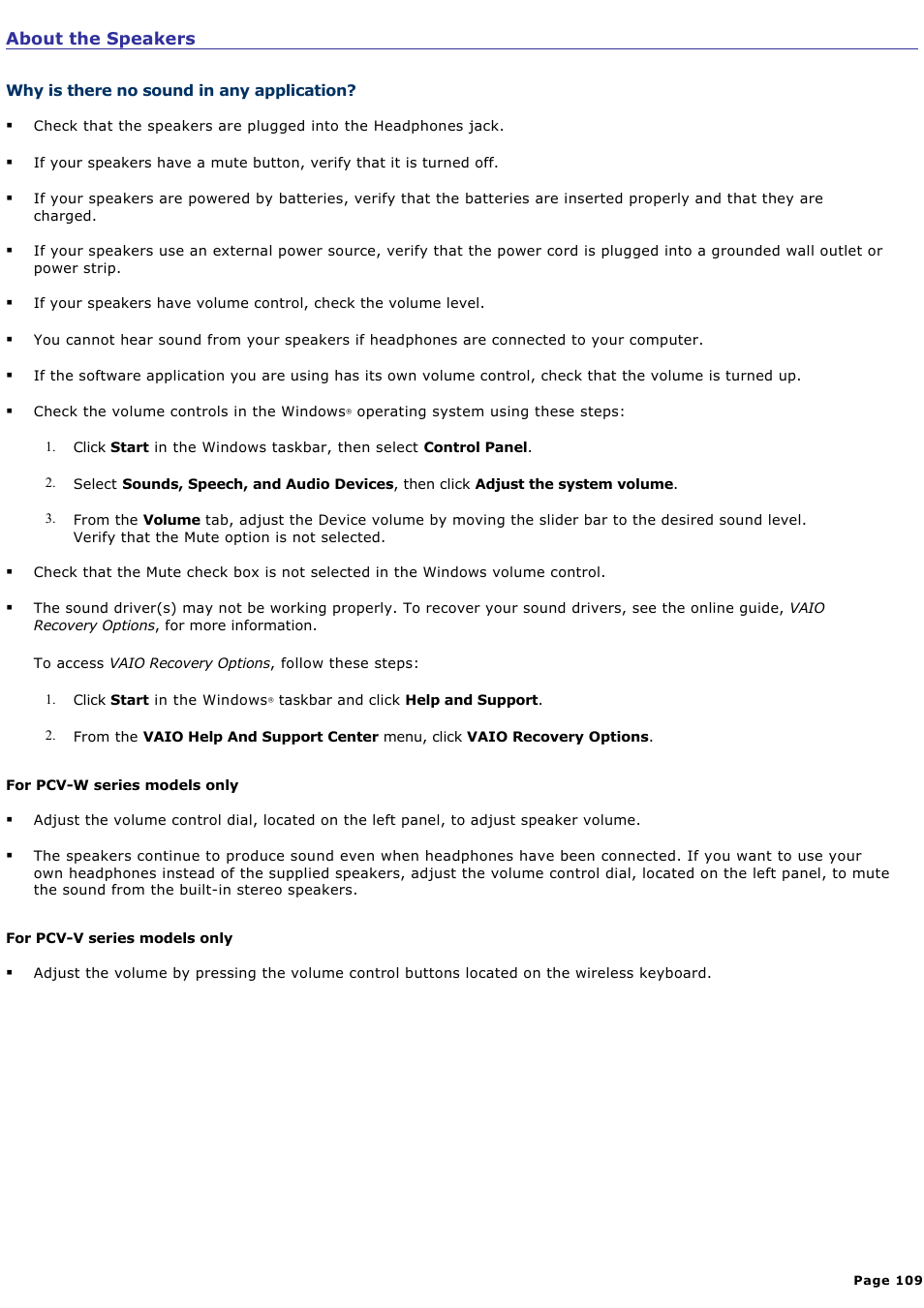 About the speakers | Sony PCV-V100G User Manual | Page 109 / 136