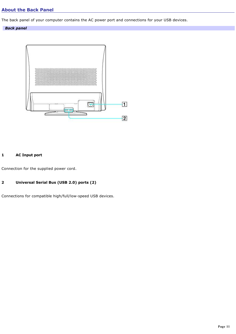 About the back panel | Sony PCV-V100G User Manual | Page 11 / 136