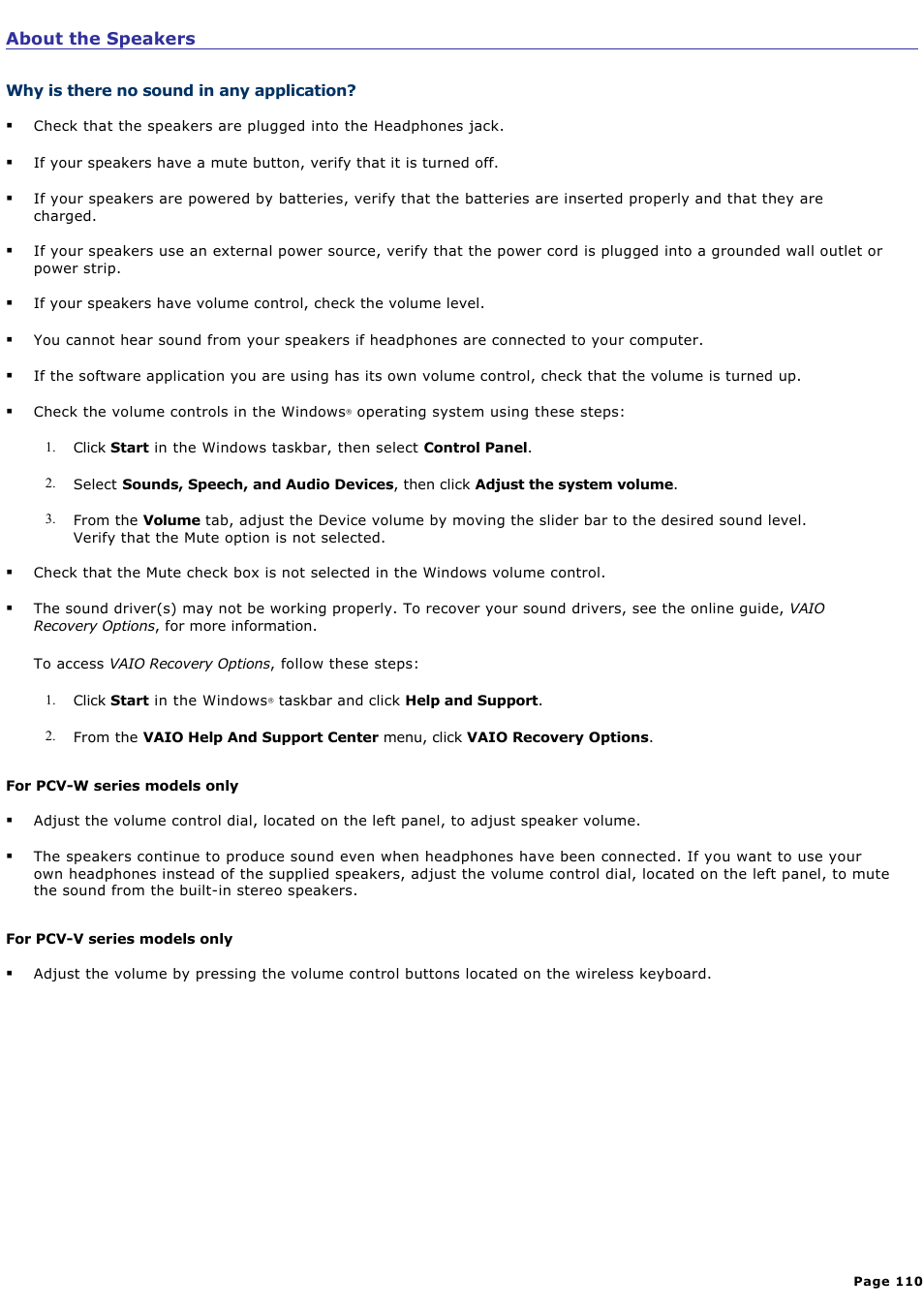 Why is there no sound in any application | Sony PCV-V100G User Manual | Page 110 / 136