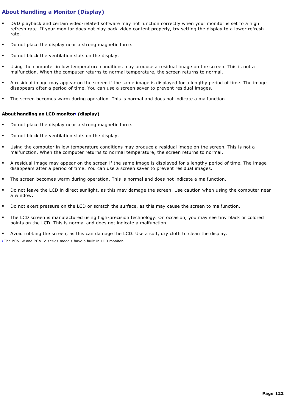 About handling a monitor (display) | Sony PCV-V100G User Manual | Page 122 / 136